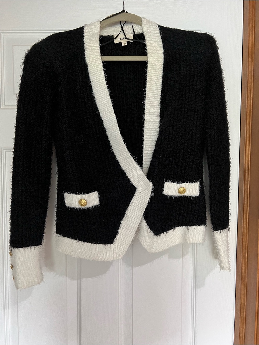 L'AGENCE Black & White Fuzzy Knit Blazer Cardigan - Picture 2 of 11